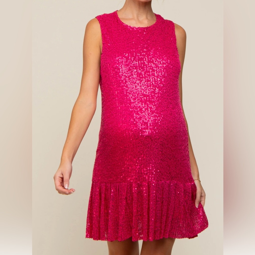 Fuschia Sequin Sleeveless Ruffle Hem Maternity Dress, Pinkblush Maternity (XL)